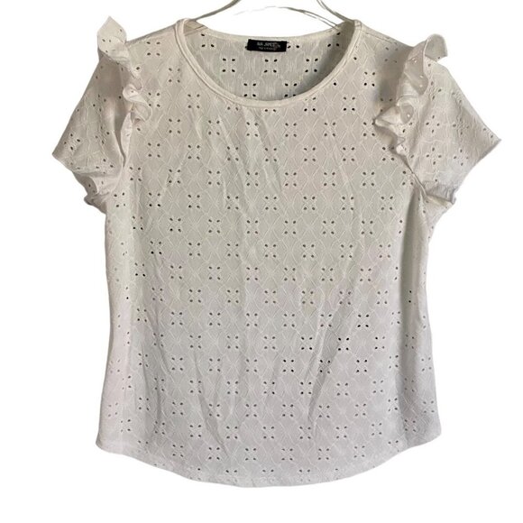 Ava James White Short Sleeve Eyelet Top Ruffle Sleeves Medium NEW - Picture 1 of 9